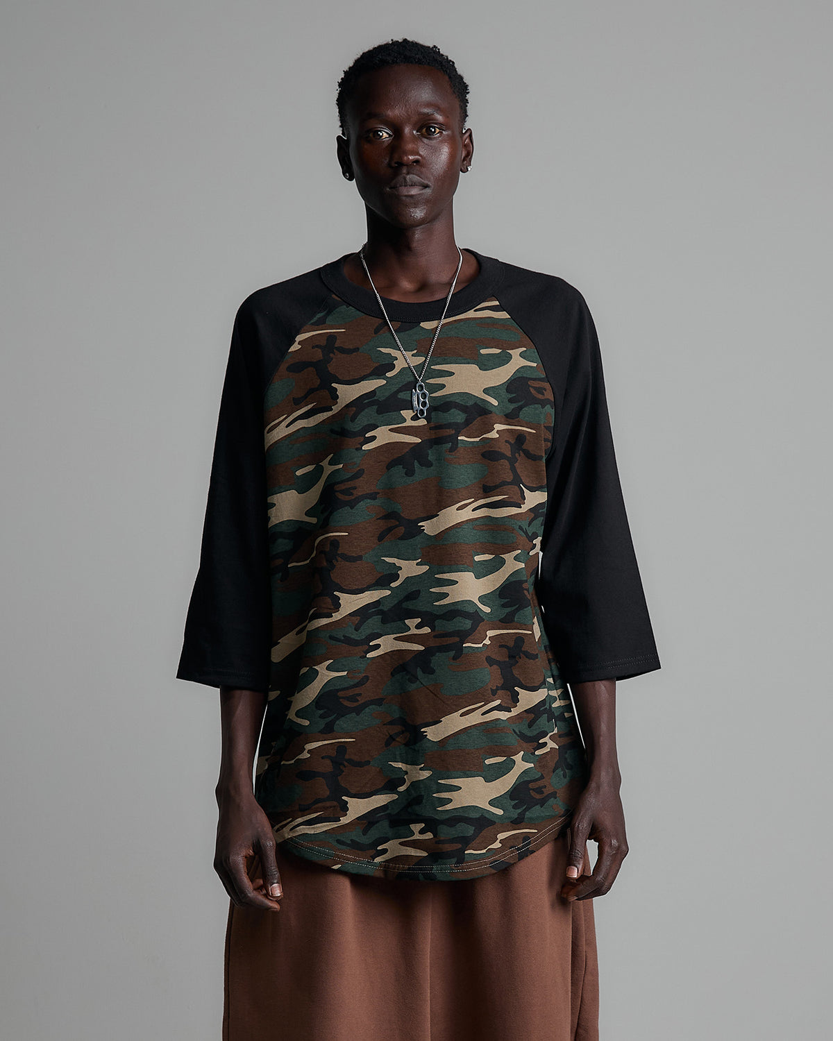 6.0ozRaglan_BlackWoodlandCamo | Men | T-Shirt | three quarter sleeve